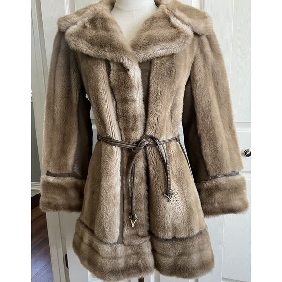 Vintage 1960’s Faux Fur Leather Penny Lane Belted Trench Coat Sz Small - Picture 2 of 16